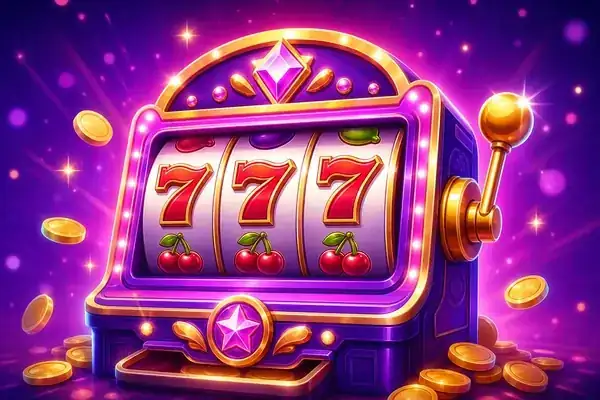Neon slot machine with glowing reels and fruit symbols