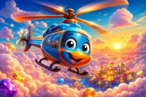 Cheerful cartoon helicopter cruising through pastel clouds