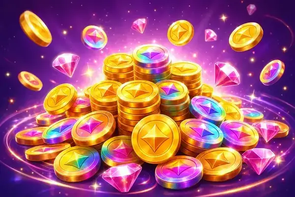 Shimmering pile of fantasy gold coins and gems