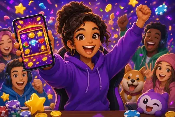 Smiling cartoon gamer celebrating a big virtual win