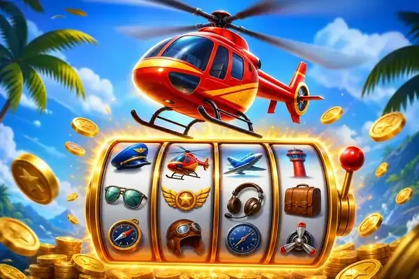 Slot Helicopter promotional artwork with helicopter and slot reels