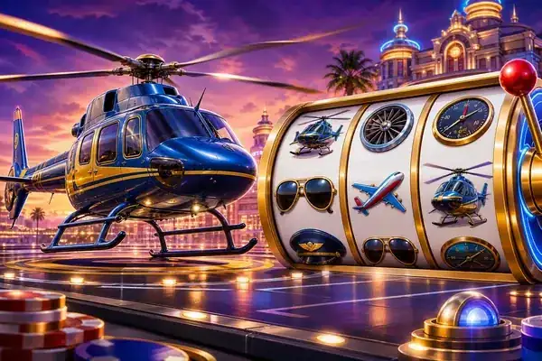 Cartoon helicopter landing beside giant glowing slot reels