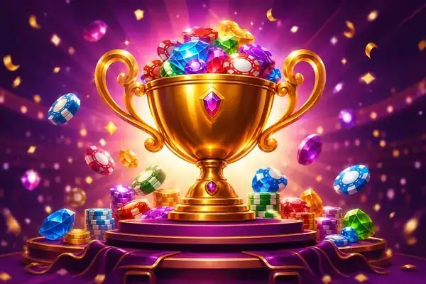 Shining trophy surrounded by confetti celebrating player delight